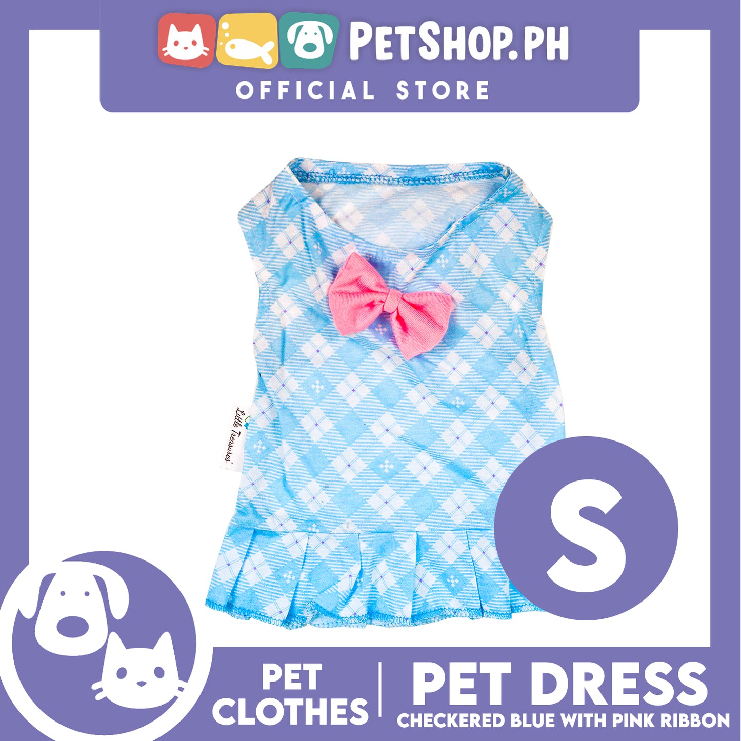 Pet Dress Blue Checkered with Pink Ribbon Pet Clothes (Small) Perfect Fit for Dogs and Cats