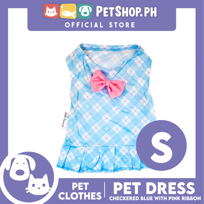 Pet Dress Blue Checkered with Pink Ribbon Pet Clothes (Small) Perfect Fit for Dogs and Cats