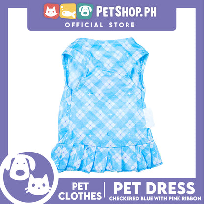 Pet Dress Blue Checkered with Pink Ribbon Pet Clothes (Small) Perfect Fit for Dogs and Cats