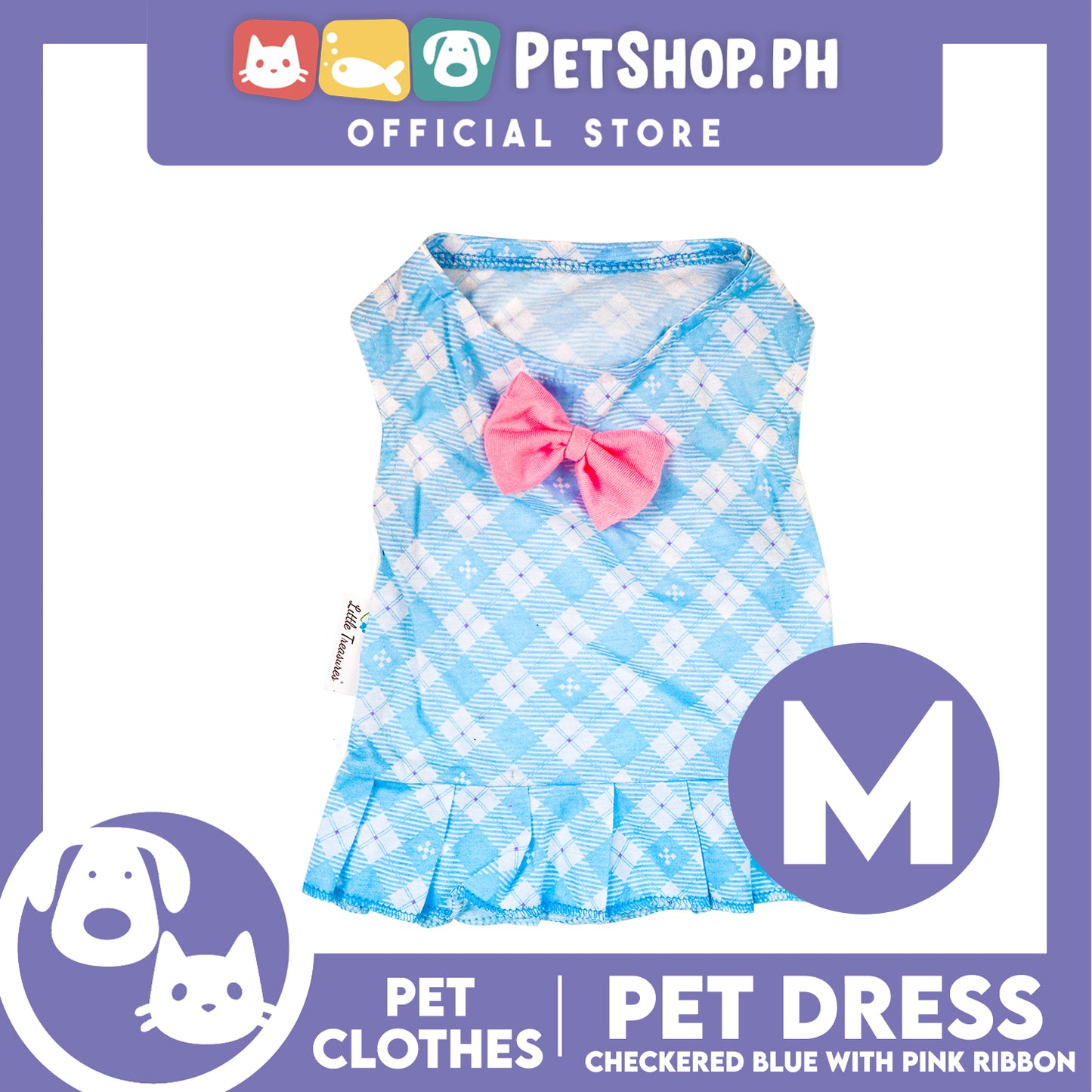 Pet Dress Blue Checkered with Pink Ribbon Pet Clothes (Medium) Perfect Fit for Dogs and Cats