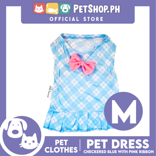 Pet Dress Blue Checkered with Pink Ribbon Pet Clothes (Medium) Perfect Fit for Dogs and Cats