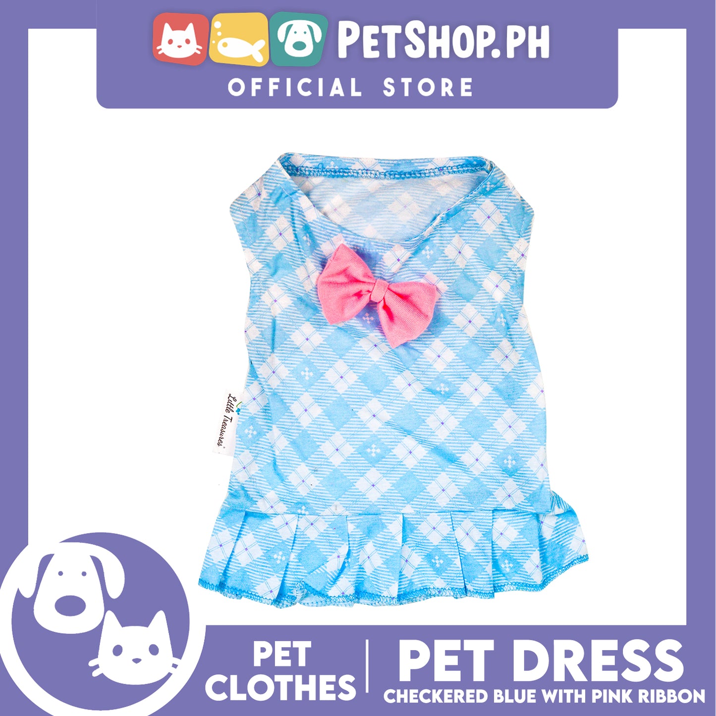 Pet Dress Blue Checkered with Pink Ribbon Pet Clothes (Large) Perfect Fit for Dogs and Cats