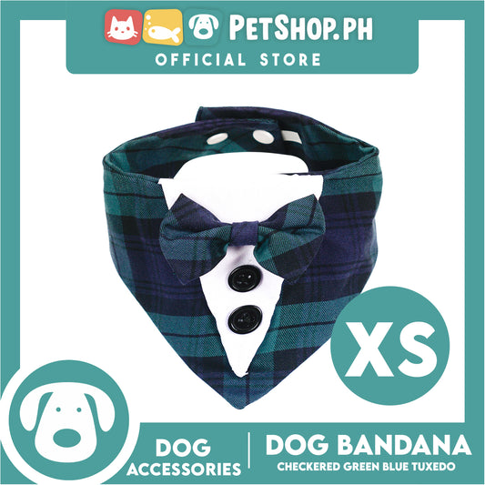 Dog Pet Bandana Blue and Green Checkered Tuxedo Design Washable Scarf (Extra Small)