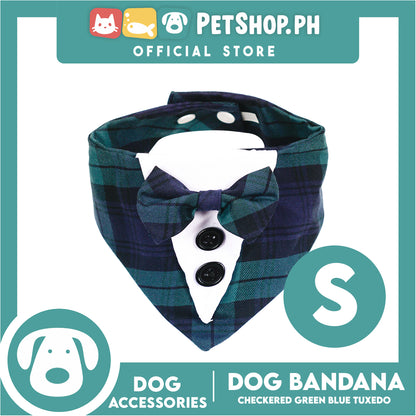 Dog Pet Bandana Blue and Green Checkered Tuxedo Design Washable Scarf (Small)