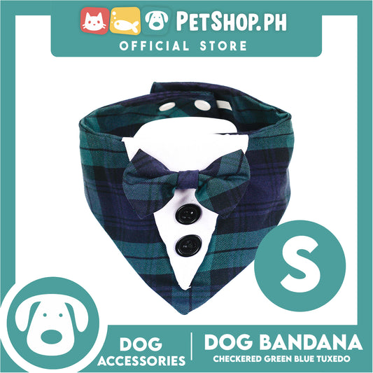 Dog Pet Bandana Blue and Green Checkered Tuxedo Design Washable Scarf (Small)