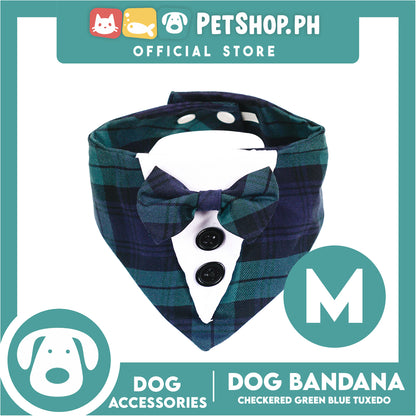 Dog Pet Bandana Blue and Green Checkered Tuxedo Design Washable Scarf (Medium)
