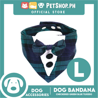 Dog Pet Bandana Blue and Green Checkered Tuxedo Design Washable Scarf (Large)