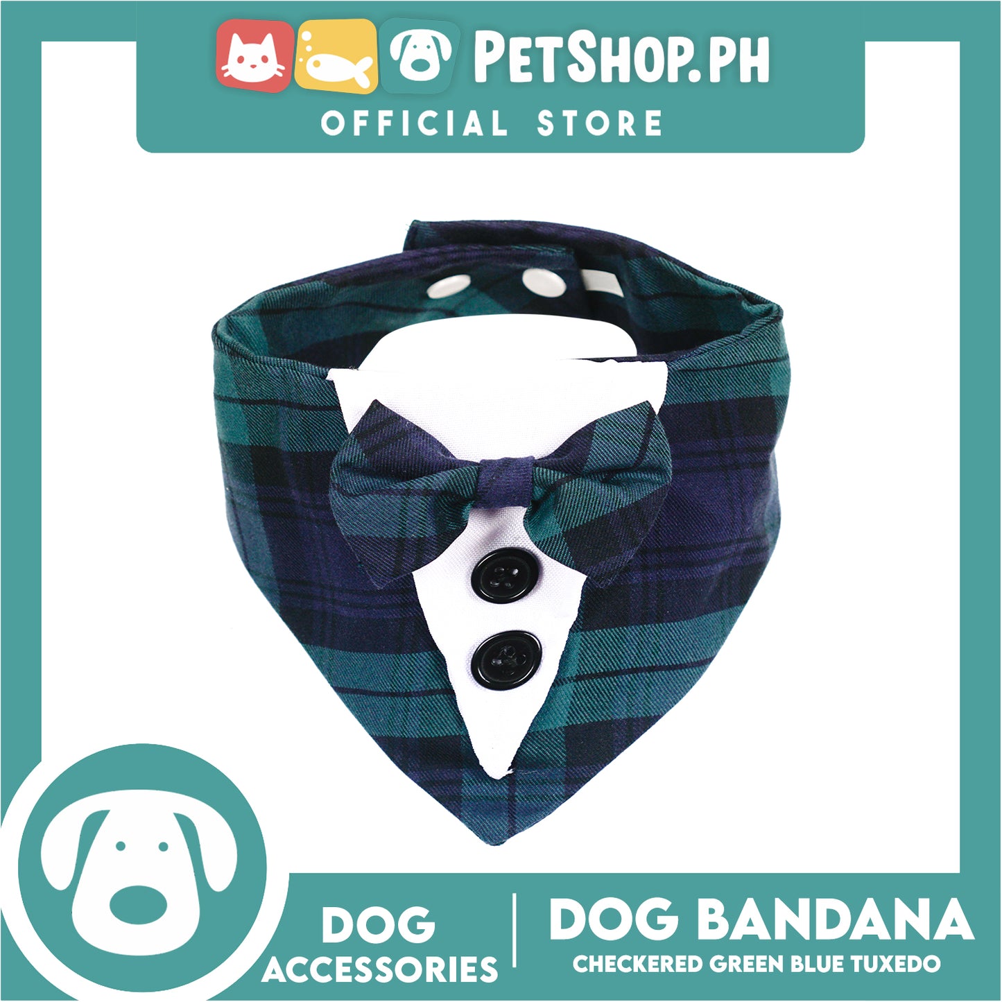 Dog Pet Bandana Blue and Green Checkered Tuxedo Design Washable Scarf (Large)