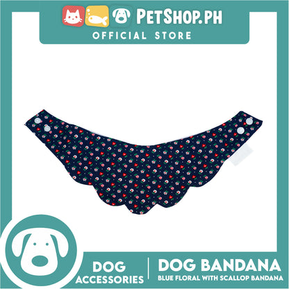 Dog Pet Bandana Blue Floral Scallop Design Washable Scarf (Extra Small)