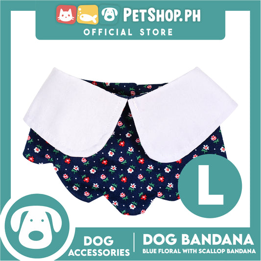 Dog Pet Bandana Blue Floral Scallop Design Washable Scarf (Large)