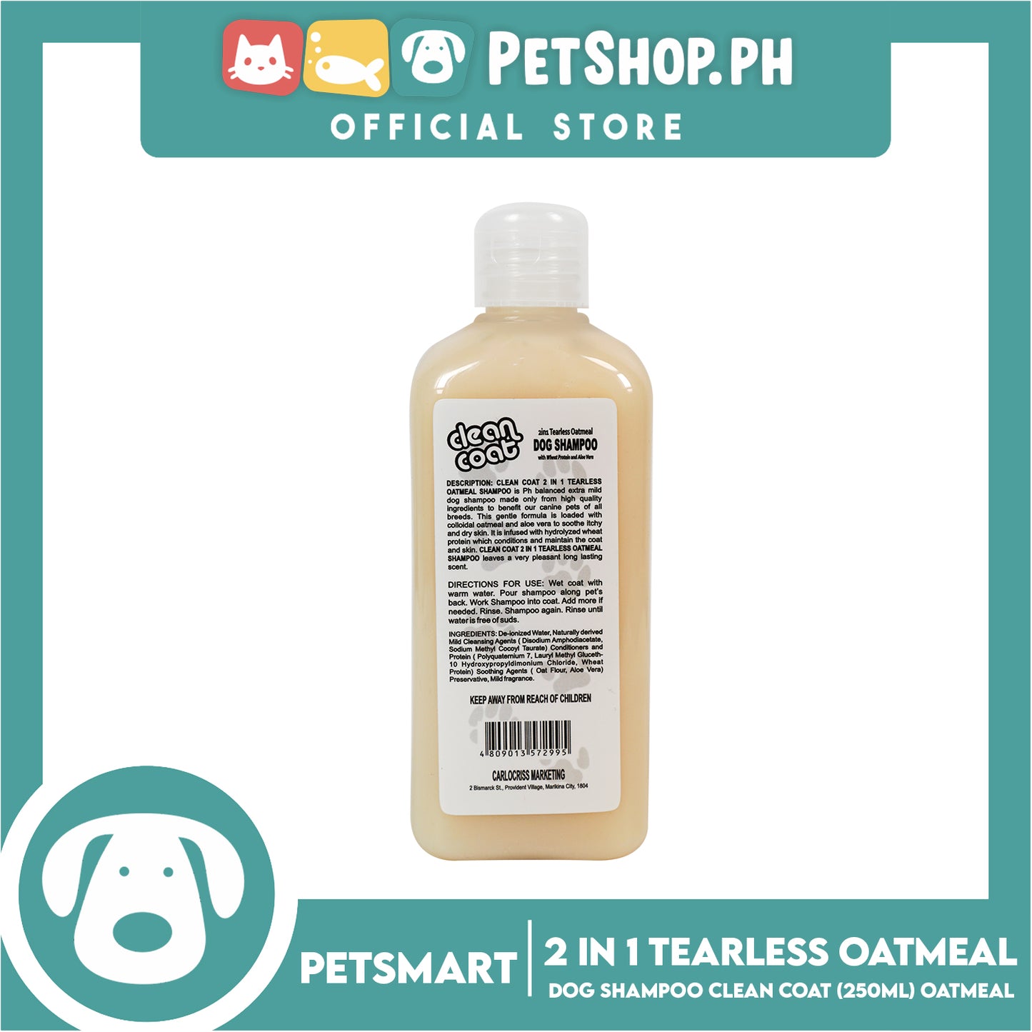 Clean Coat 2 in 1 Tearless Oatmeal With Wheat Protein And Aloe Vera 250ml Dog Shampoo