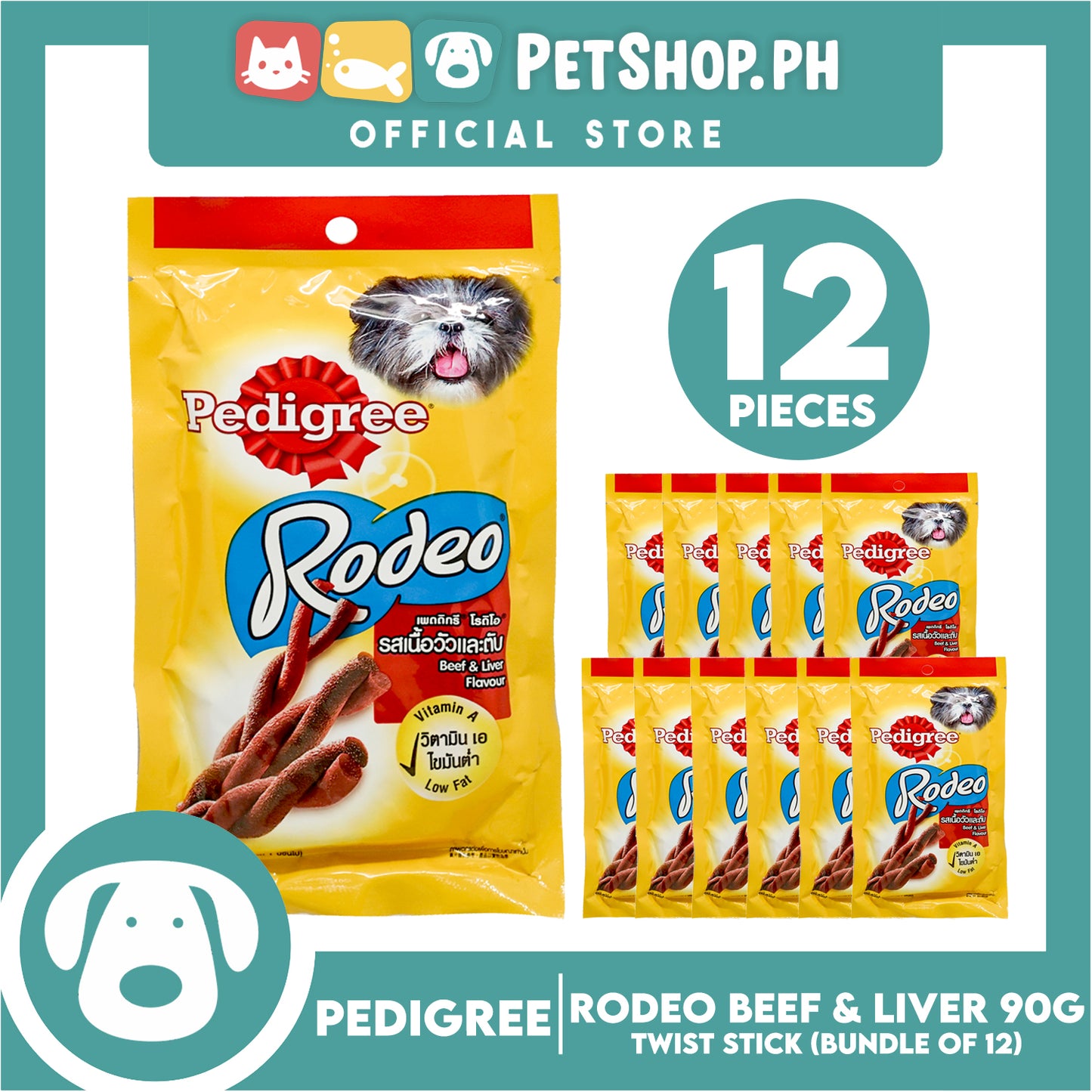 12pcs Pedigree Rodeo Beef and Liver 90g Dog Treats, Twist Stick