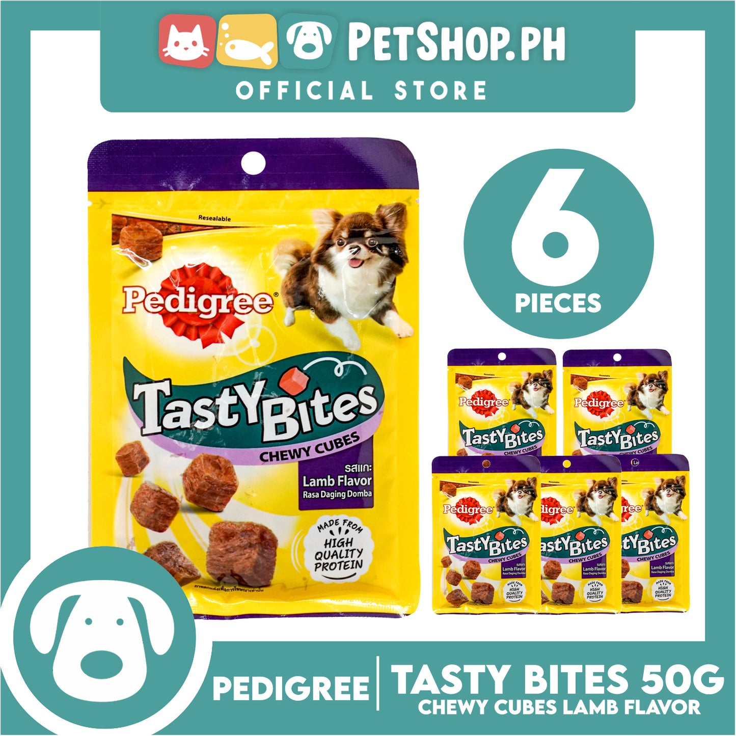 6pcs Pedigree Tasty Bites Chewy Cubes Lamb Flavor 50g