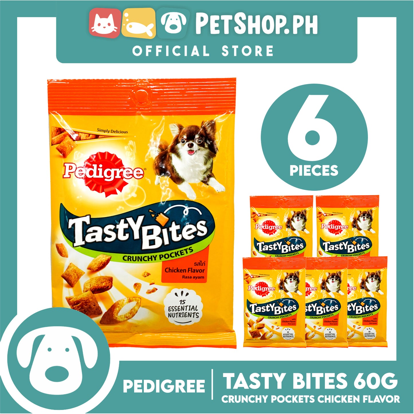 6pcs Pedigree Tasty Bites Crunchy Pockets Chicken Flavor 60g
