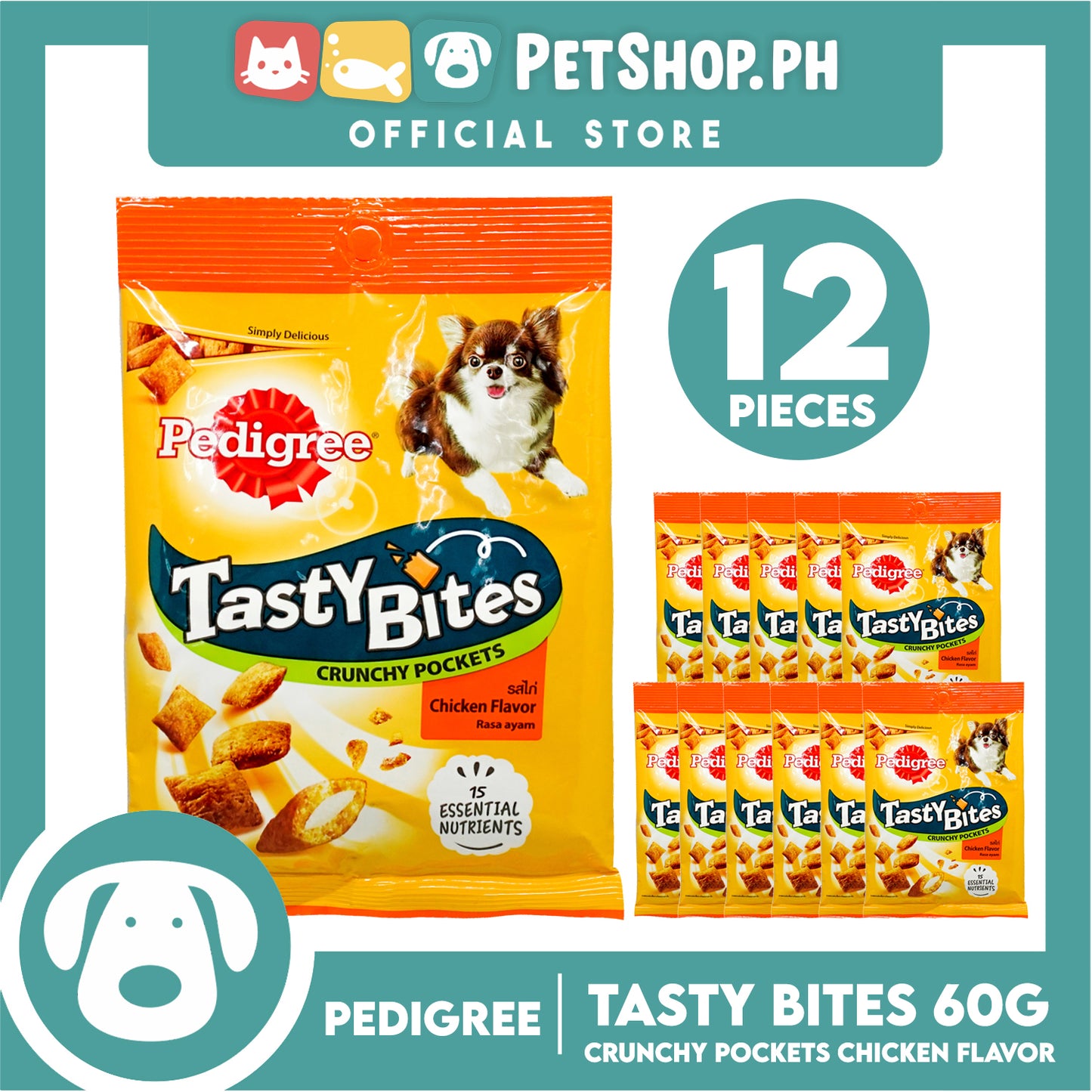 12pcs Pedigree Tasty Bites Crunchy Pockets Chicken Flavor 60g