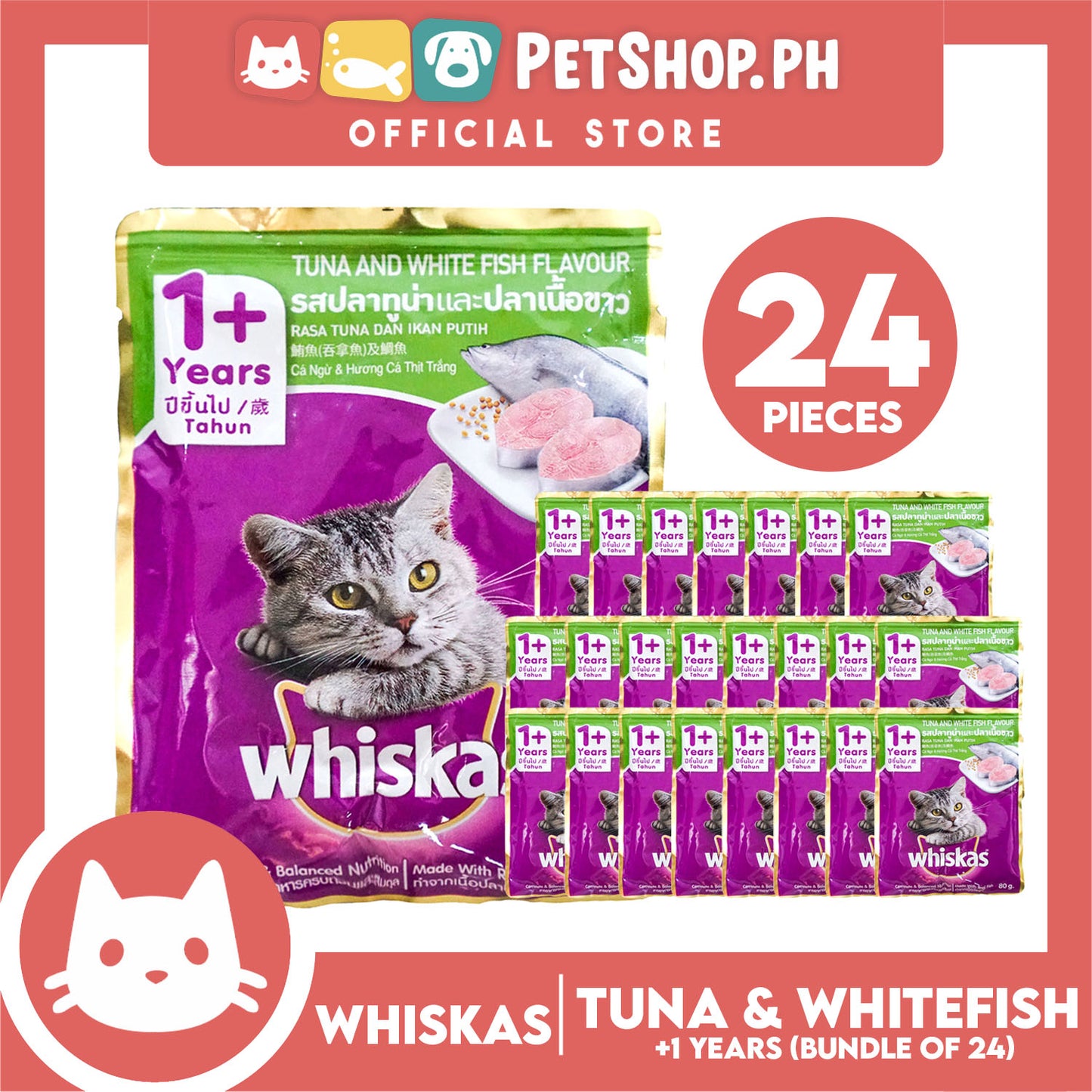 24pcs Whiskas Tuna and White Fish Pouch Cat Wet Food 80g