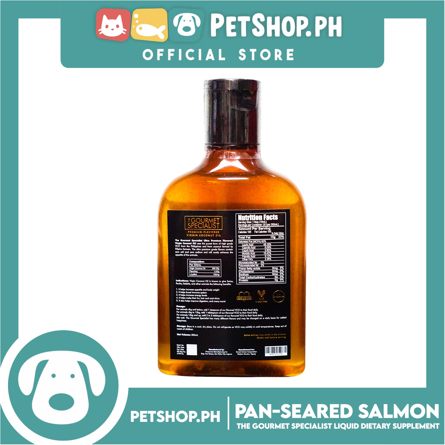 The Gourmet Specialist Premium Flavored Virgin Coconut Oil With L-Lysine for Animals 300ml (Pan-Seared Salmon)