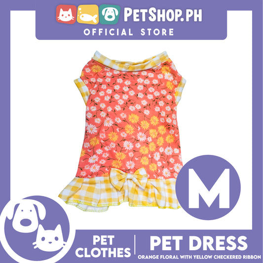Pet Dress Orange Floral Yellow Checkered with Ribbon (Medium) Pet Dress Clothes Perfect for Dogs