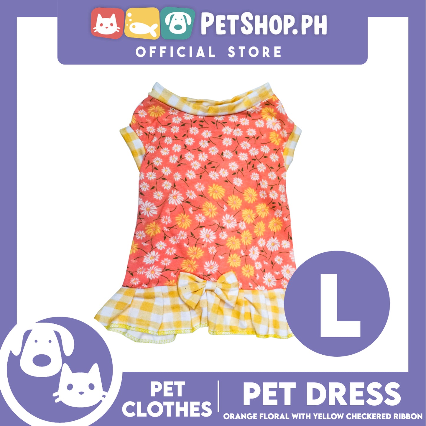 Pet Dress Orange Floral Yellow Checkered with Ribbon (Large) Pet Dress Clothes Perfect for Dogs