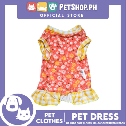 Pet Dress Orange Floral Yellow Checkered with Ribbon (Large) Pet Dress Clothes Perfect for Dogs