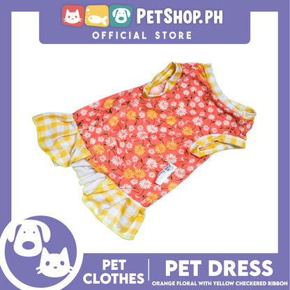 Pet Dress Orange Floral Yellow Checkered with Ribbon (Large) Pet Dress Clothes Perfect for Dogs