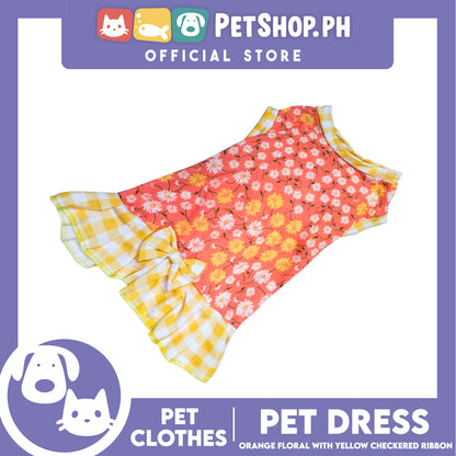 Pet Dress Orange Floral Yellow Checkered with Ribbon (Large) Pet Dress Clothes Perfect for Dogs