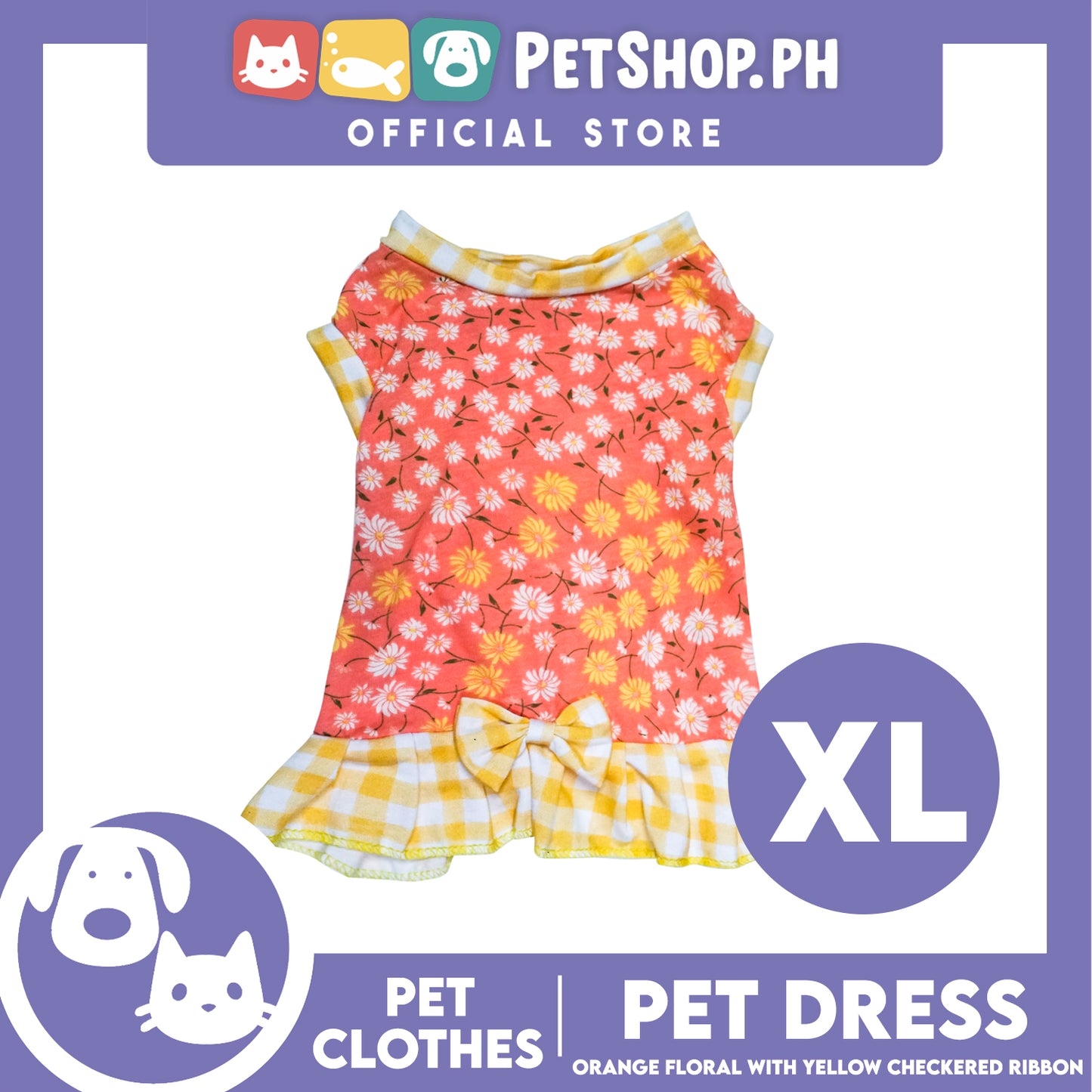 Pet Dress Orange Floral Yellow Checkered with Ribbon (Extra Large) Pet Dress Clothes Perfect for Dogs