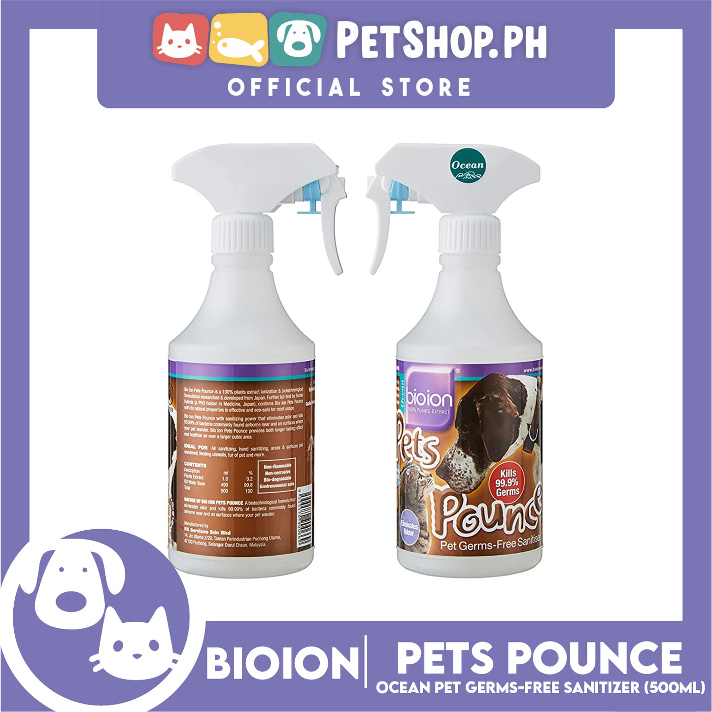 Bio Ion Pets Pounce Pet Germ-Free Sanitizer 500ml (Ocean)