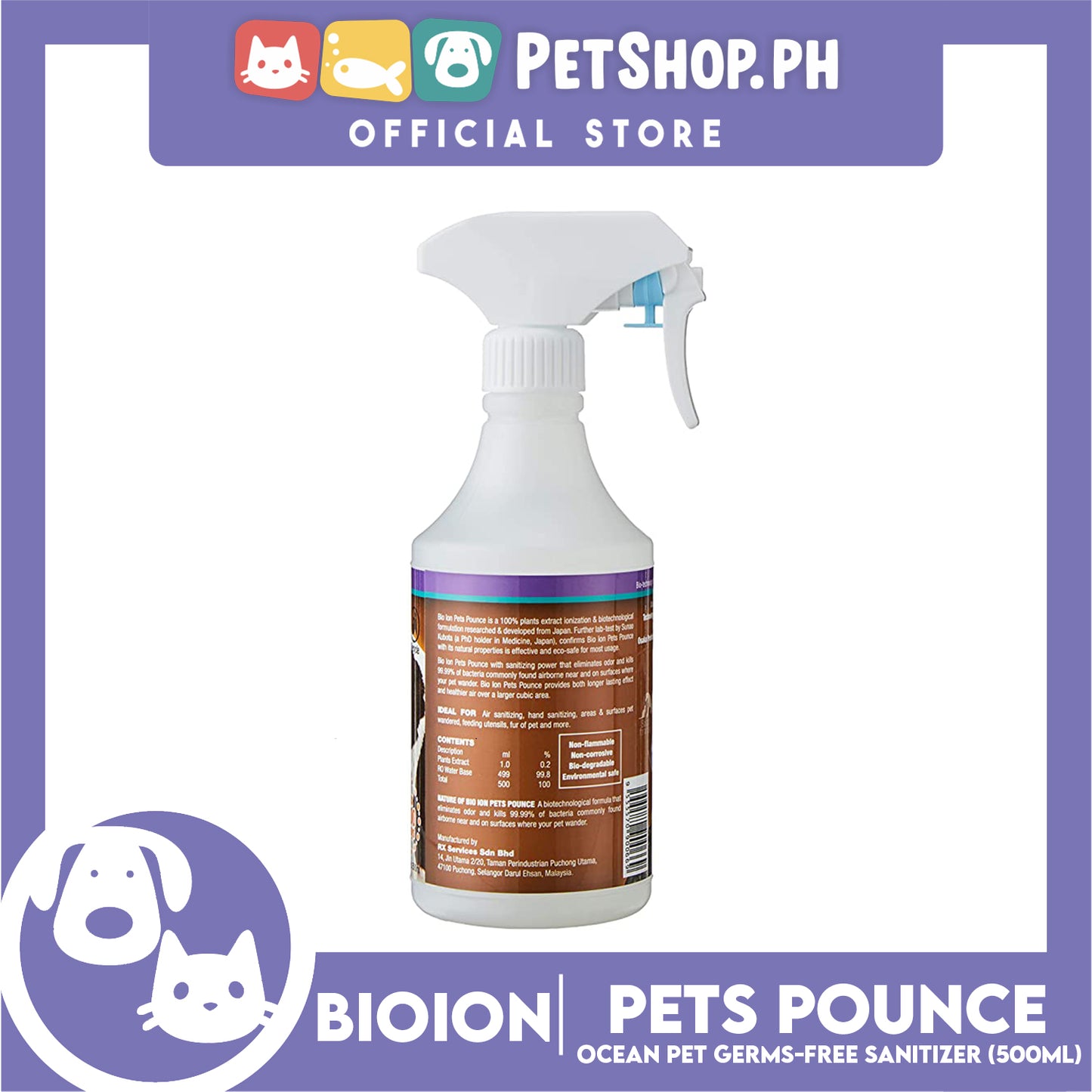 Bio Ion Pets Pounce Pet Germ-Free Sanitizer 500ml (Ocean)