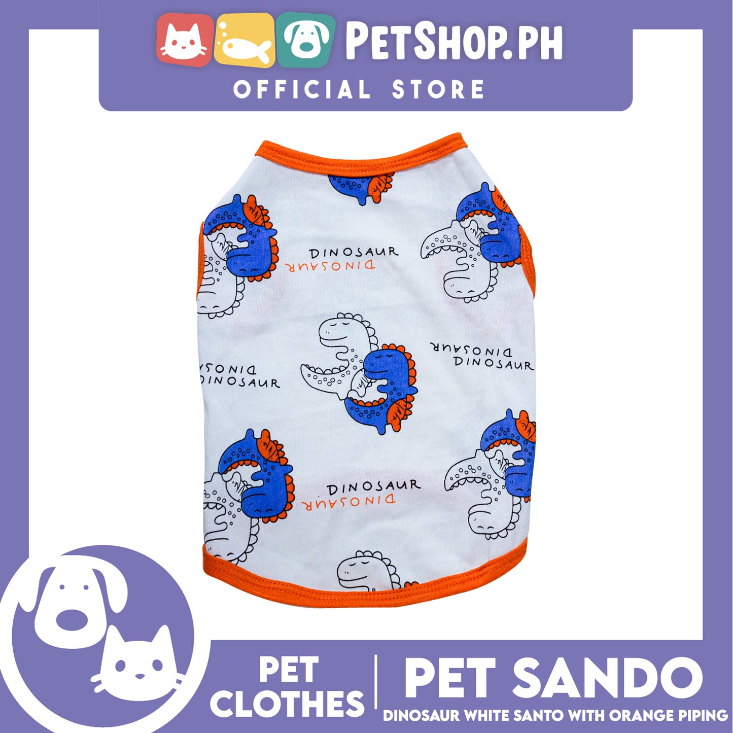 Pet Sando Dinosaur White with Orange Piping Sando (Small) Perfect Fit for Dogs and Cats