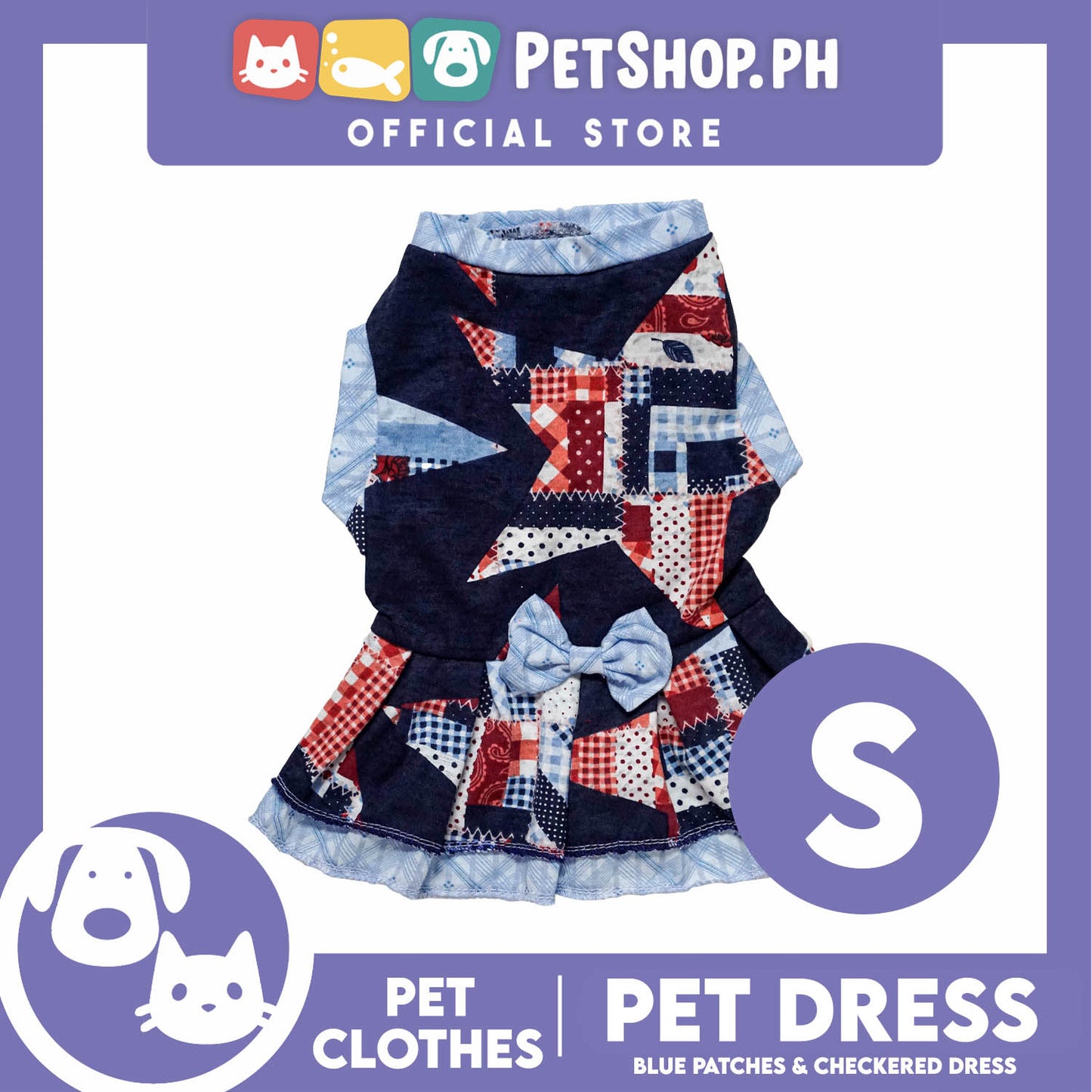 Pet Dress Blue Patches and Checkered Dress (Small) Perfect Fit for Dogs and Cats