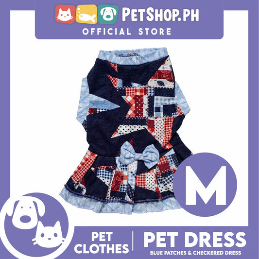 Pet Dress Blue Patches and Checkered Dress (Medium) Perfect Fit for Dogs and Cats