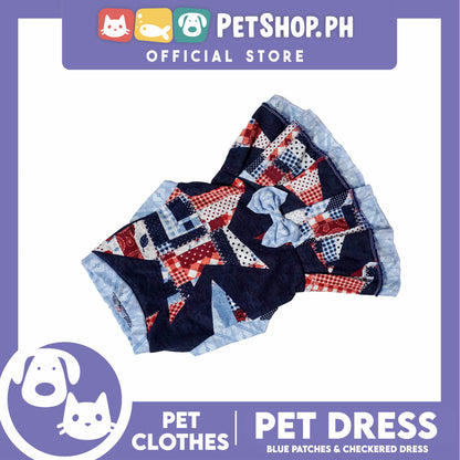Pet Dress Blue Patches and Checkered Dress (Medium) Perfect Fit for Dogs and Cats