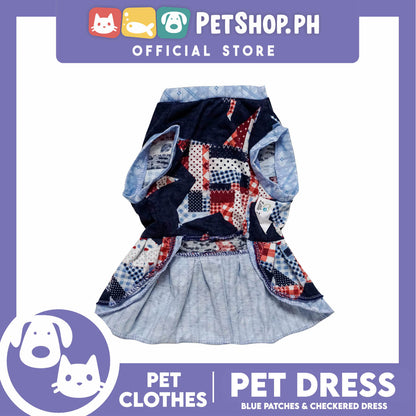 Pet Dress Blue Patches and Checkered Dress (Medium) Perfect Fit for Dogs and Cats