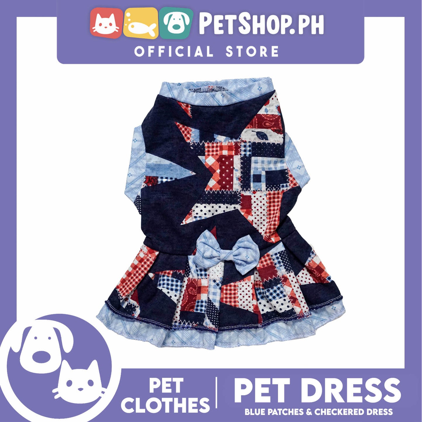 Pet Dress Blue Patches and Checkered Dress (Medium) Perfect Fit for Dogs and Cats