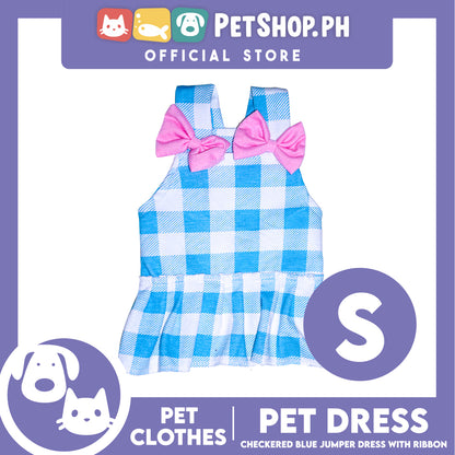 Pet Dress Checkered Blue Dress with pink ribbon (Small) Perfect Fit for Dogs and Cats
