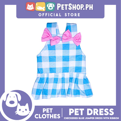 Pet Dress Checkered Blue Dress with pink ribbon (Small) Perfect Fit for Dogs and Cats