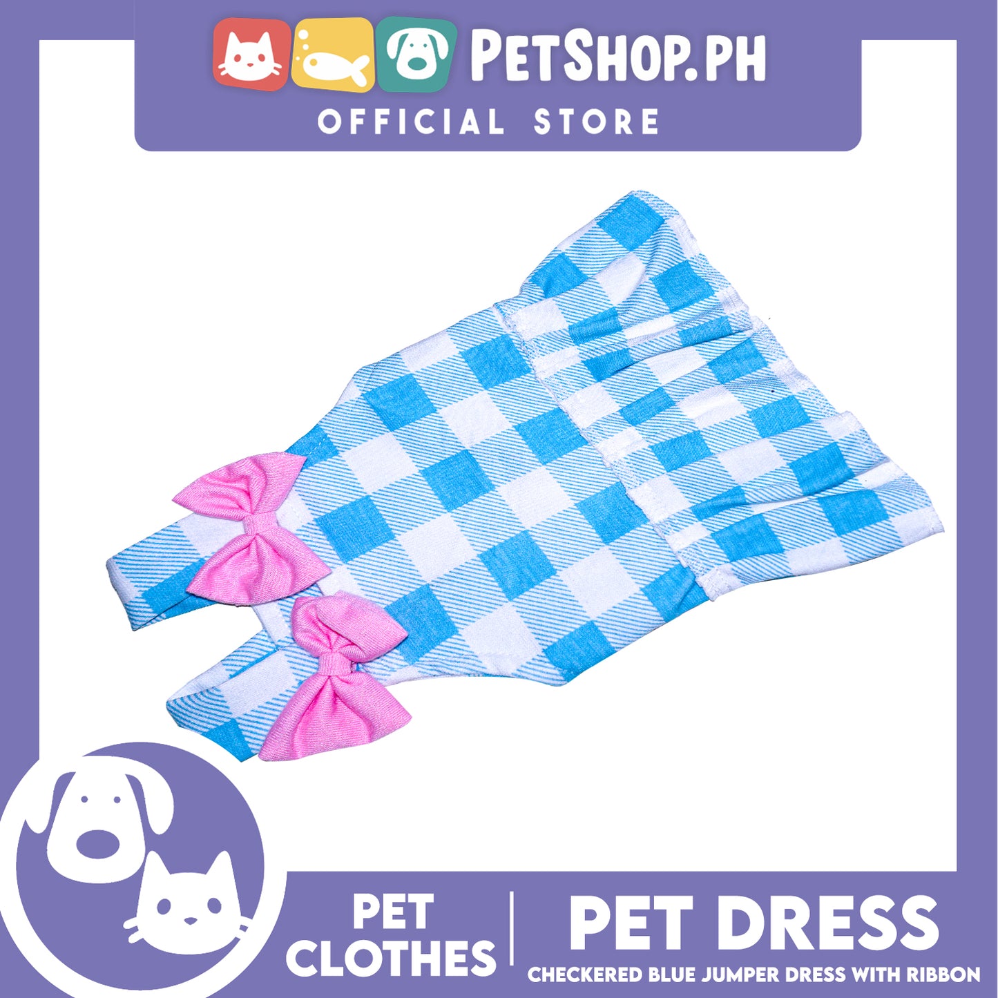 Pet Dress Checkered Blue Dress with pink ribbon (Small) Perfect Fit for Dogs and Cats