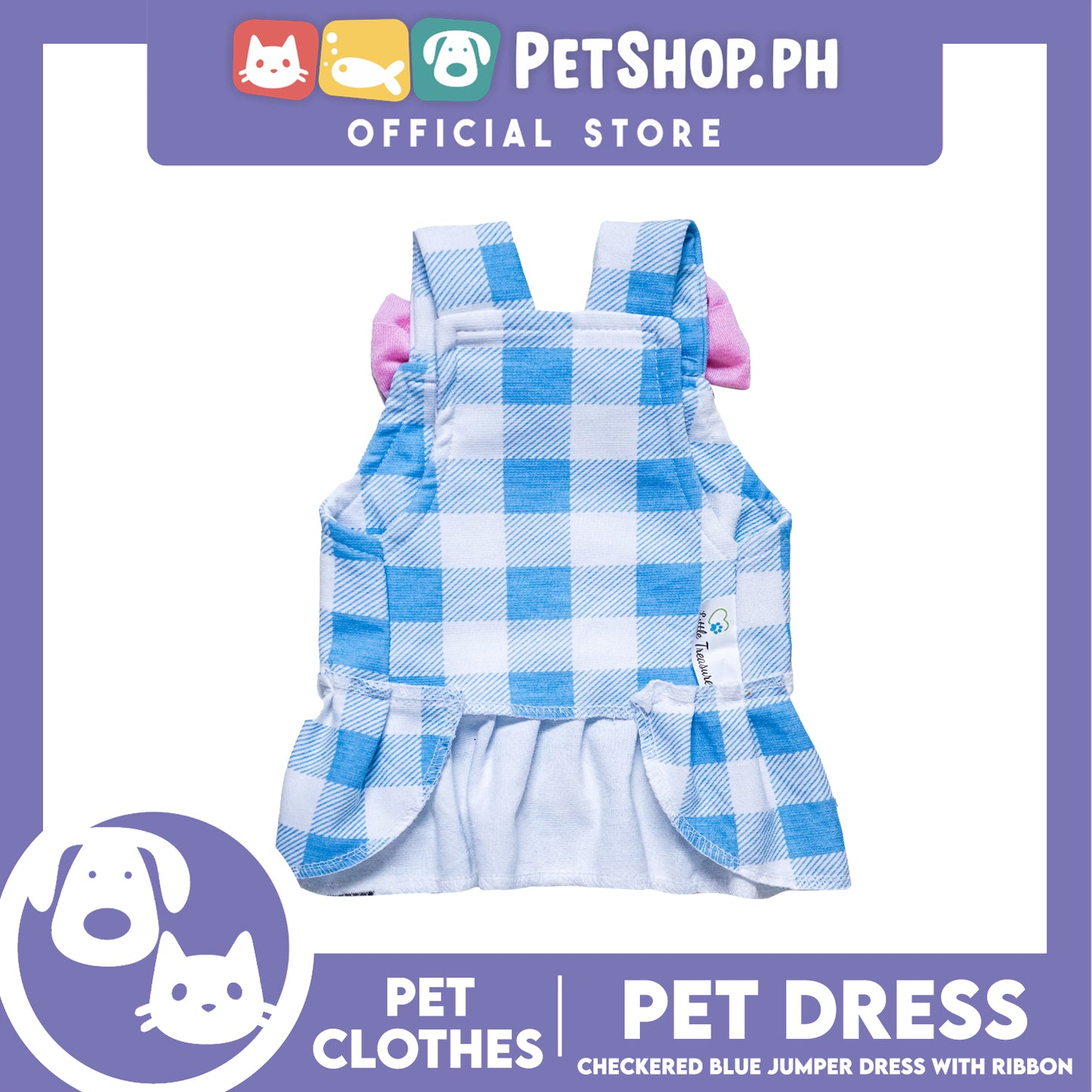 Pet Dress Checkered Blue Dress with pink ribbon (Small) Perfect Fit for Dogs and Cats