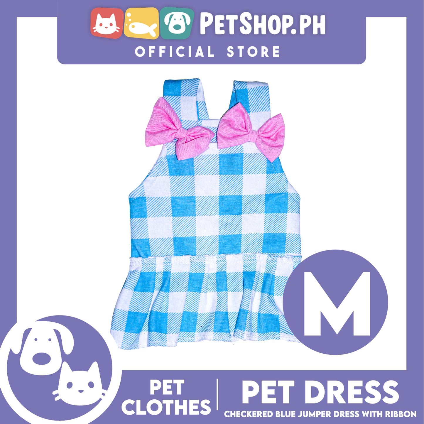 Pet Dress Checkered Blue Dress with pink ribbon (Medium) Perfect Fit for Dogs and Cats