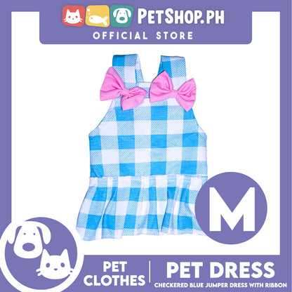 Pet Dress Checkered Blue Dress with pink ribbon (Medium) Perfect Fit for Dogs and Cats