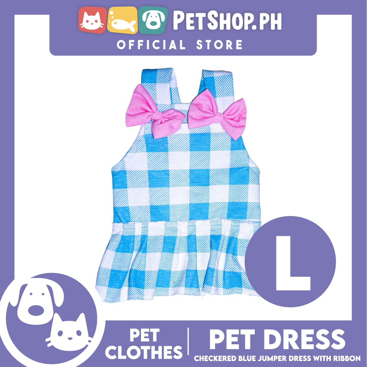 Pet Dress Checkered Blue Dress with pink ribbon (Large) Perfect Fit for Dogs and Cats