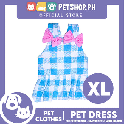 Pet Dress Checkered Blue Dress with pink ribbon (Extra Large) Perfect Fit for Dogs and Cats