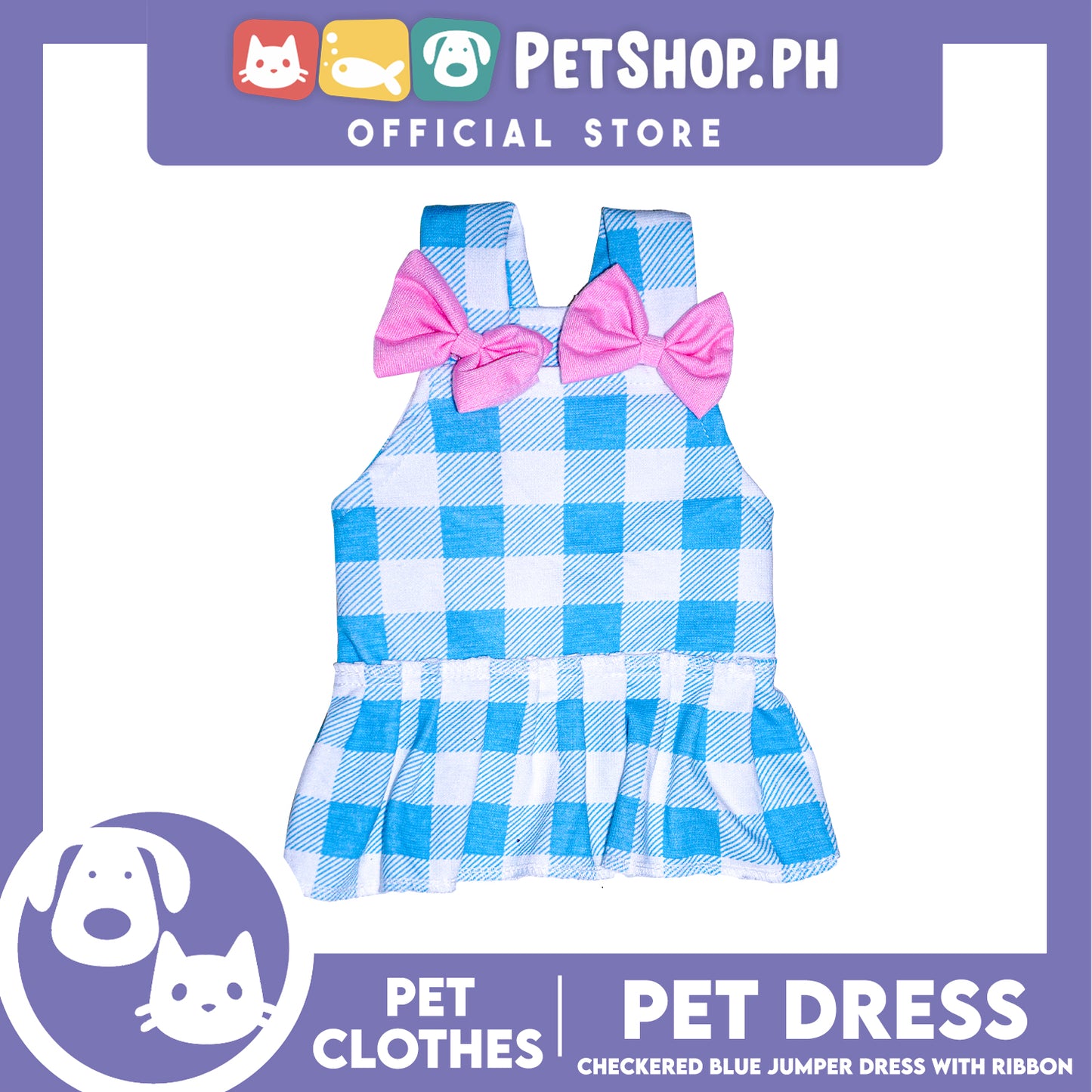 Pet Dress Checkered Blue Dress with pink ribbon (Extra Large) Perfect Fit for Dogs and Cats