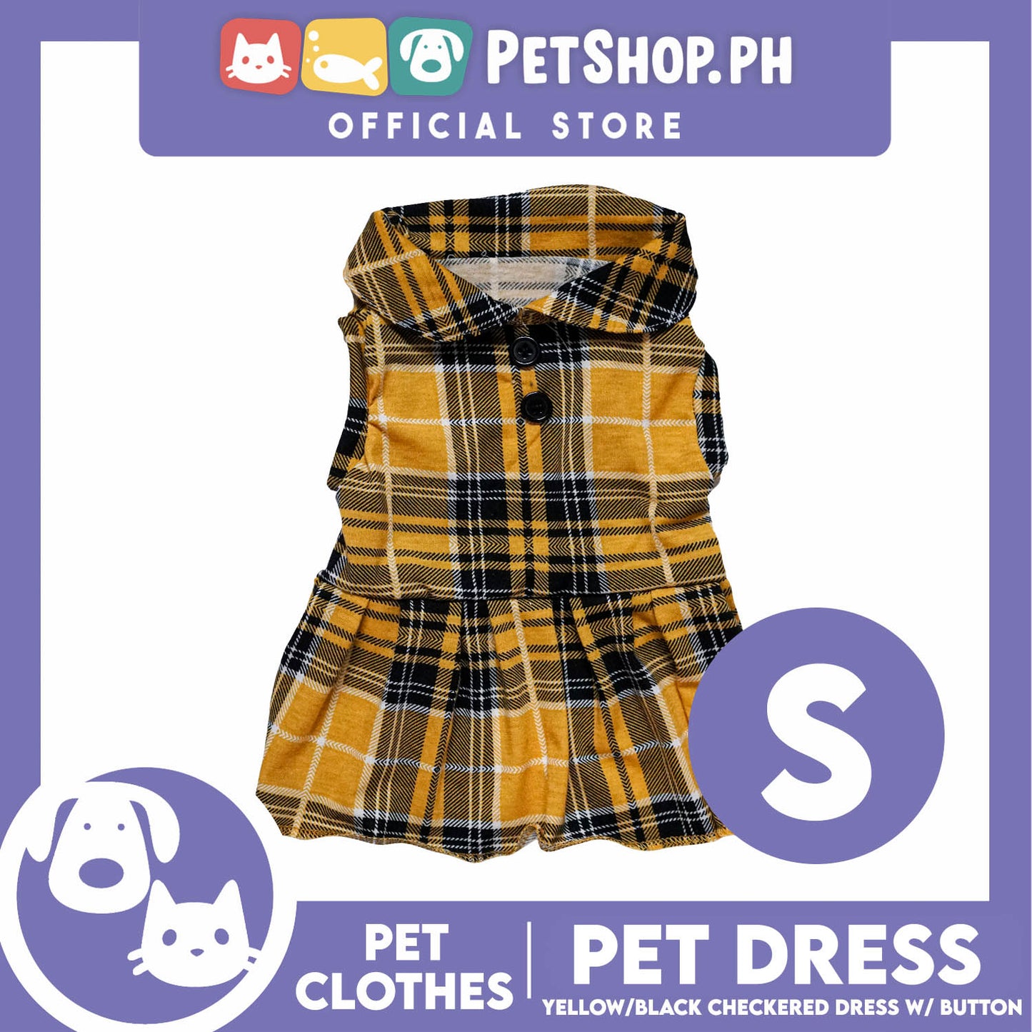 Pet Dress Checkered Yellow and Black with Button (Small) Perfect Fit for Dogs and Cats