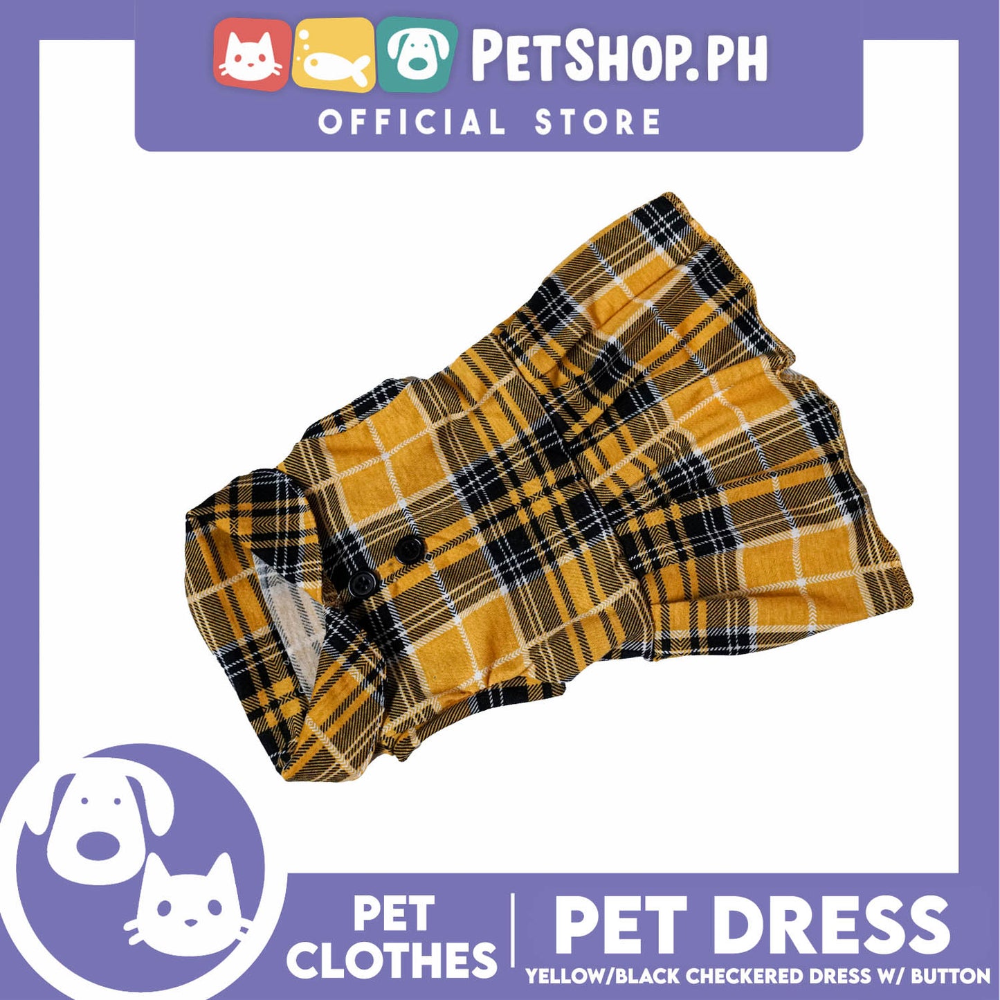 Pet Dress Checkered Yellow and Black with Button (Large) Perfect Fit for Dogs and Cats