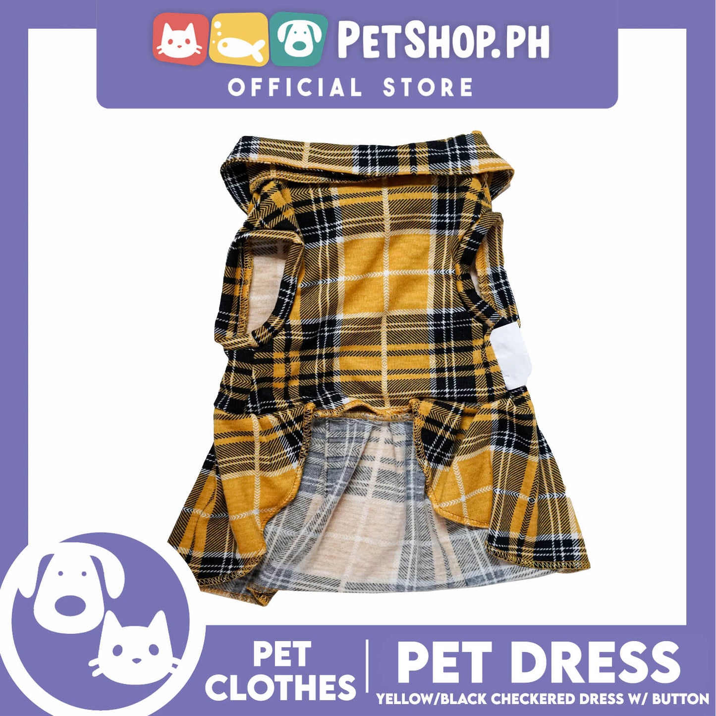 Pet Dress Checkered Yellow and Black with Button (Large) Perfect Fit for Dogs and Cats