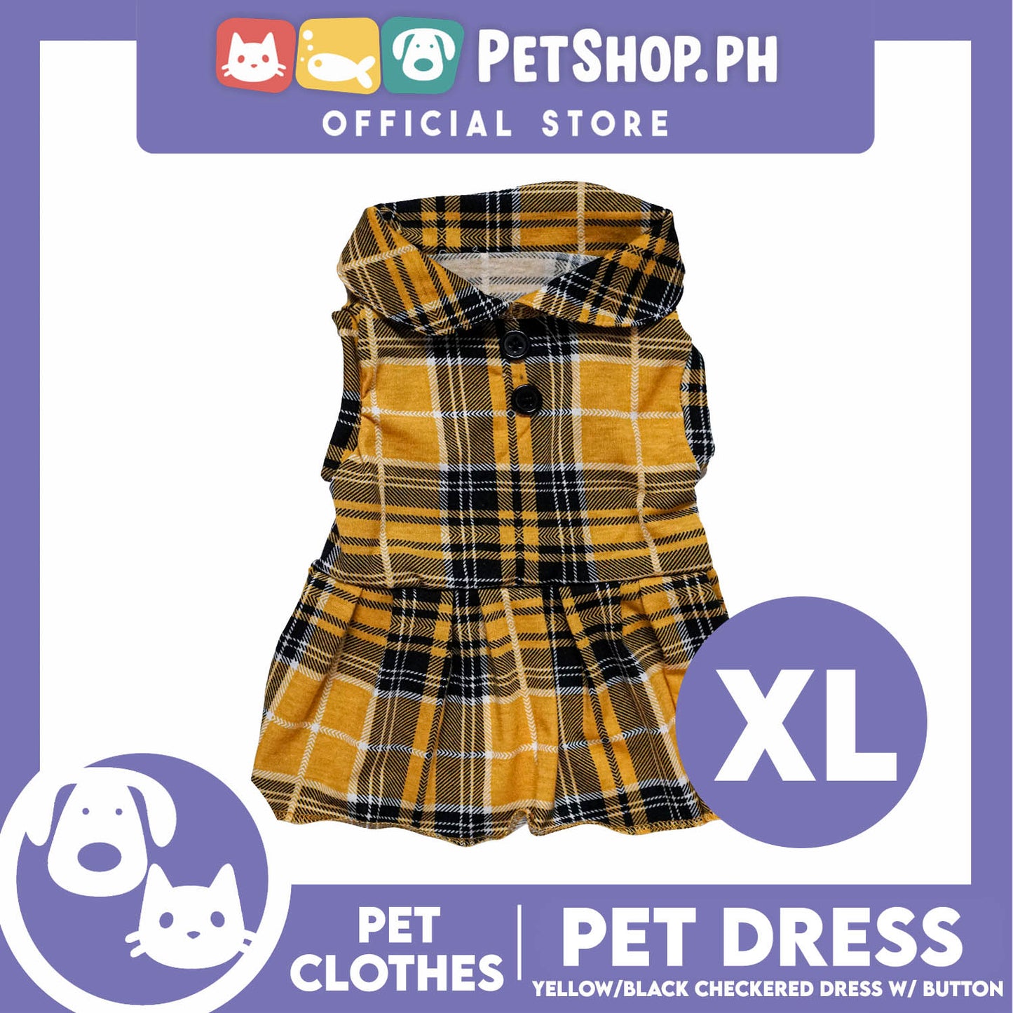 Pet Dress Checkered Yellow and Black with Button (Extra Large) Perfect Fit for Dogs and Cats