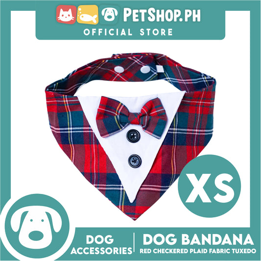 Dog Pet Bandana (Extra Small) Red Checkered Plaid Fabric Tuxedo Design Washable Scarf