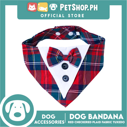 Dog Pet Bandana (Extra Small) Red Checkered Plaid Fabric Tuxedo Design Washable Scarf